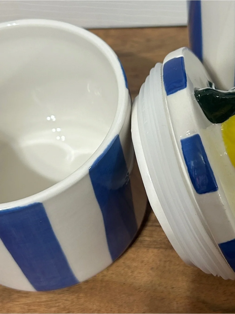 Hobby Lobby 2 Lemon Ceramic Canisters With Lid Blue Stripe Candy Cookie Jar NEW